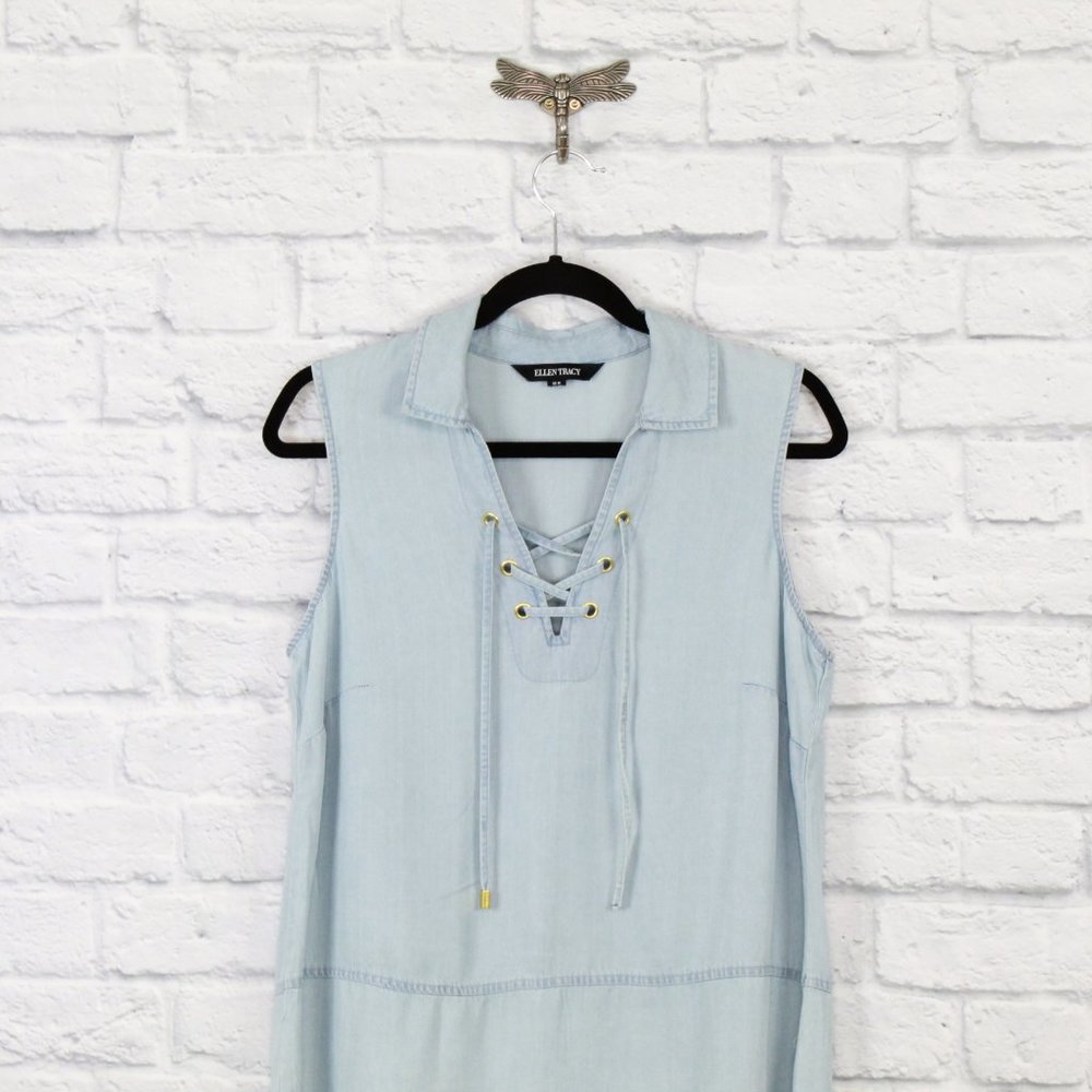 ELLEN TRACY Blue Lace-up Loose Fit Tank Top Size M - Picture 2 of 9